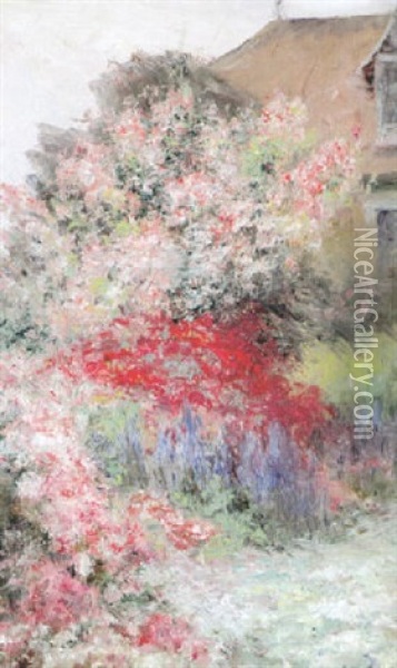 Bluhender Sommergarten Mit Haushintergrund Oil Painting - Francois Richard De Montholon