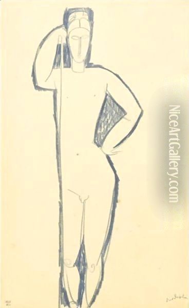 Homme Nu De Face SAappuyant Sur Un Baton Oil Painting - Amedeo Modigliani