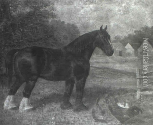 A Shire Horse And Poultry In A Farmyard Oil Painting - James Clark