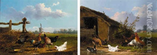 Chickens In A Landscape With Distant Windmill Oil Painting - Frans Van Leemputten