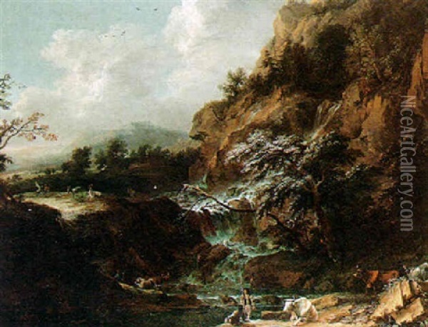 Mountainous River Landscape With Fishermen And Cattle Beneath Some Falls, A House Beyond Oil Painting - Joachim Franz Beich