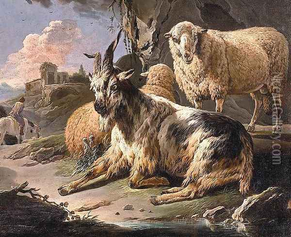 Italianate Landscape with a Goat and Sheep Oil Painting - Philipp Peter Roos