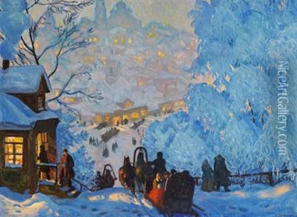 A Snow-covered Russian Town Oil Painting - Boris Mikhailovich Kustodiev
