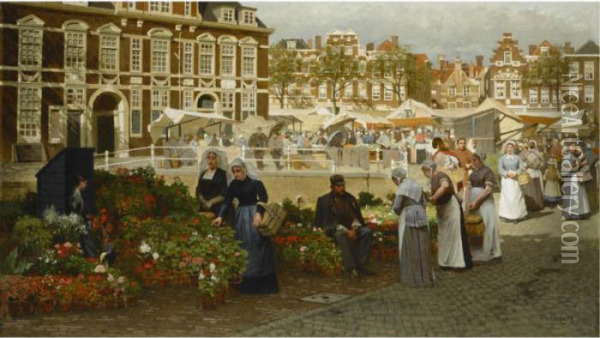 A View Of The Grote Markt In The
 Hague, Towards The Boterwaag And The Prinsengracht, With Scheveningen 
Women Buying Flowers Oil Painting - Johannes Christiaan Karel Klinkenberg