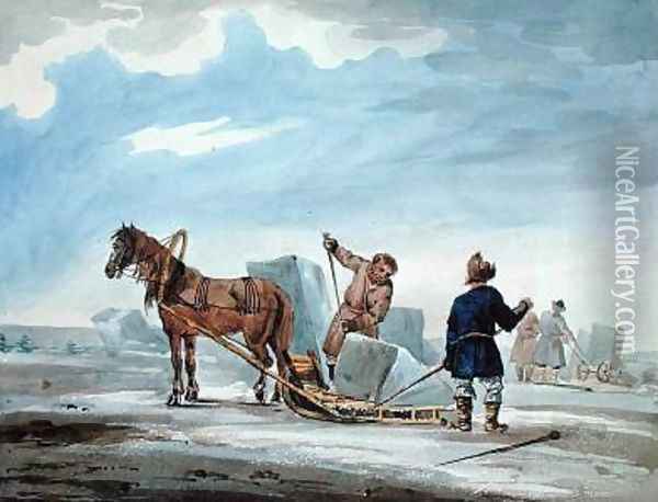 Transporting Ice by Horsedrawn Sledge Oil Painting - MacMichael, William