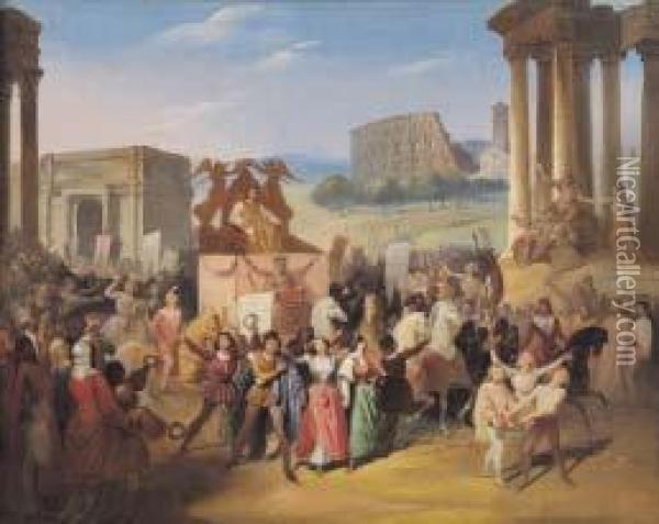 Trionfo Del Petrarca (studio Del Sipario Del Teatro Paganini) Oil Painting - Giuseppe Isola