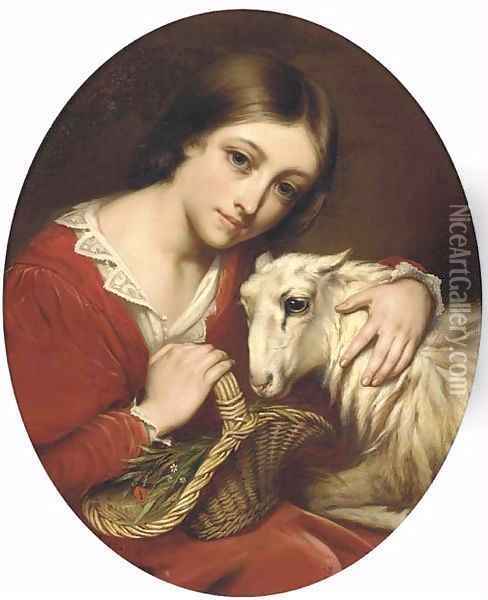 A young girl with a sheep Oil Painting - Charles Verlat