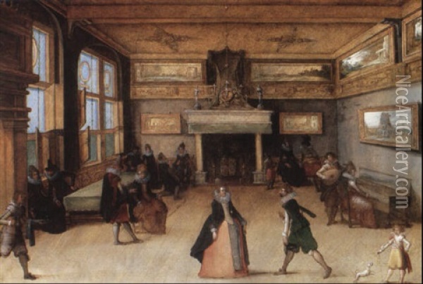 Interior Scene With Elegant Company Dancing And Playing Music Oil Painting - Louis de Caullery