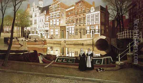 A View in Delfshaven with Women in Custume conversing on a Quay along a Canal Oil Painting - Johannes Christiaan Karel Klinkenberg
