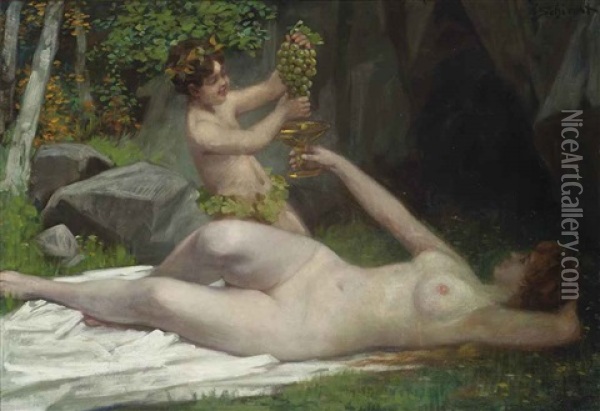 Venus And A Bacchanalian Cherub Oil Painting - Victor Schivert