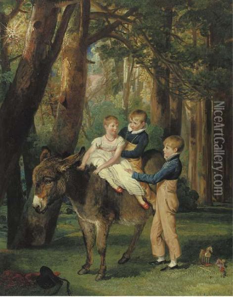 Group Portrait Of John, 
Theophilus And Frances Levett, Full-length, The Younger Two Seated On A 
Donkey, In A Wooded Landscape Oil Painting - James Ward