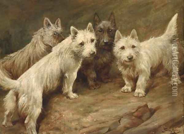 Four Cairn terriers Oil Painting - Fannie Moody
