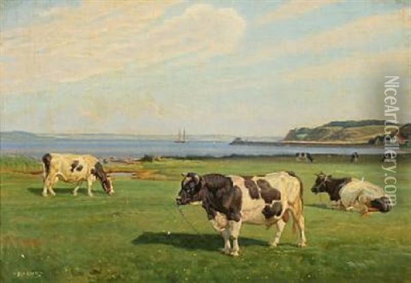 Summerlandscape With Bull And Cows In The Field At The Inlet Of Hjarbaek Oil Painting - Rasmus Christiansen