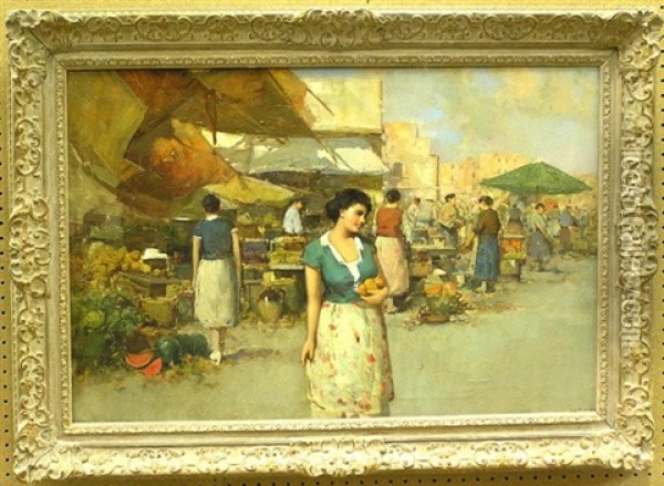 Women At An Italian Market Oil Painting - Giuseppe Pitto