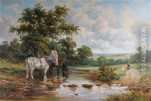 A Farmer Watering His Horses By A River Oil Painting - Octavius Thomas Clark