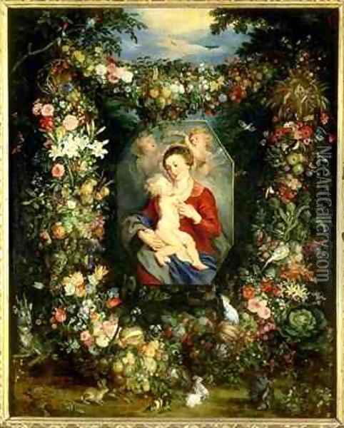 The Virgin and child in a garland of fruit and flowers Oil Painting - Jan & Rubens, P.P. Brueghel