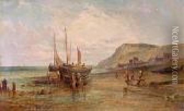 Beached Fishing Boats, Low Tide. Oil Painting - Alfred Pollentine
