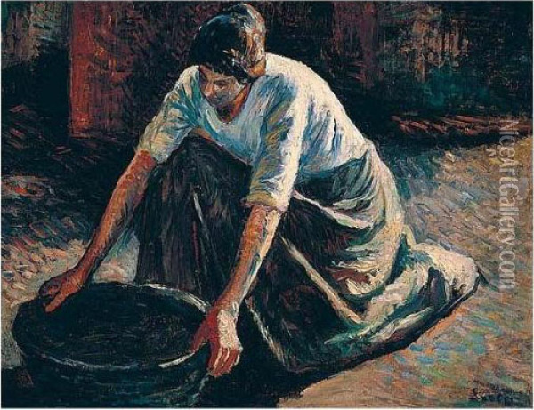 Femme Avec Un Baquet D'eau (etude Pour 'le Bain De Frederic') Oil Painting - Maximilien Luce