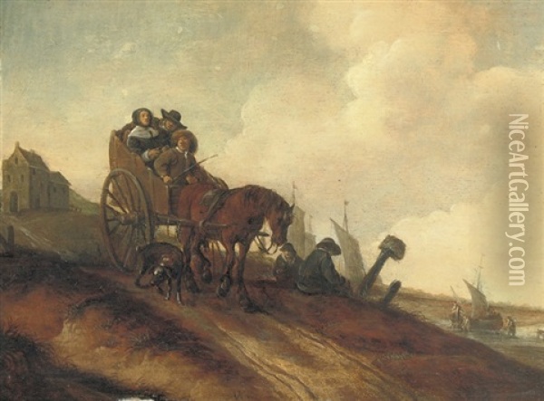 Peasants In A Horse-drawn Cart In A Dune Landscape Oil Painting - Adriaen Van Der Cabel