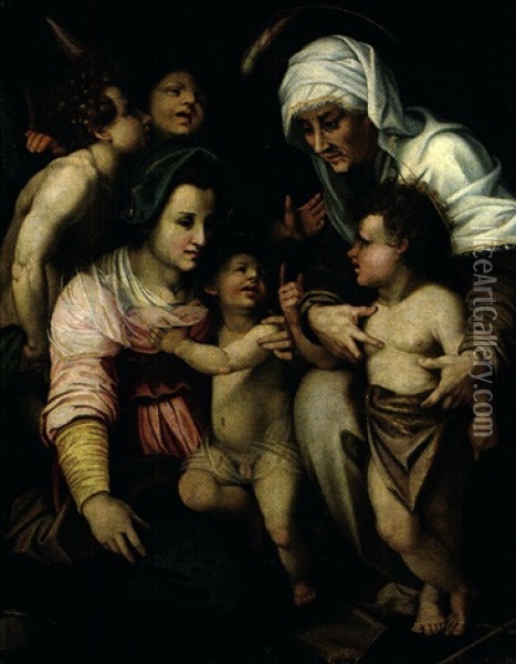 La Vierge A L'enfant Avec Sainte Anne Et Saint Jean-baptiste Entoures De Deux Anges Oil Painting - Andrea Del Sarto
