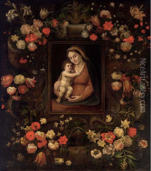 The Madonna And Child Placed In A Stone Ornament Surrounded Oil Painting - Jan van Kessel