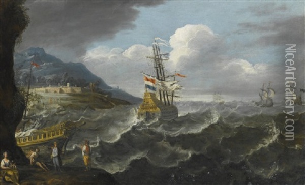 Ships In A Storm, With Shipwrecked Figures In The Foreground, A View Of A Town Beyond Oil Painting - Antonio Tempesta