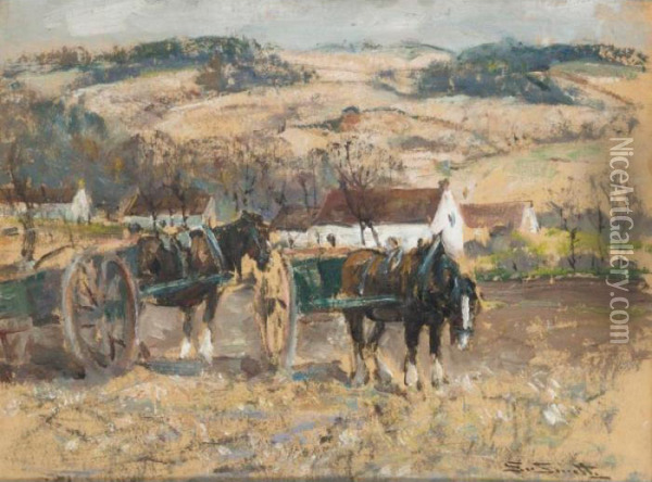 A Moment At Rest, Two Cart Horses Oil Painting - George Smith