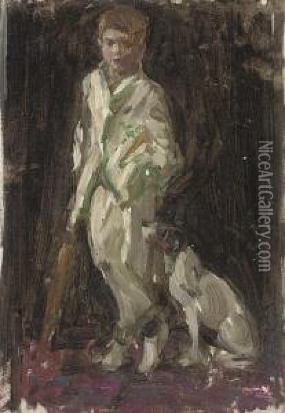 Study Of Young Boy, 
Traditionally Identified As The Artist's Son,in Cricket Whites, A Bat In
 His Right Hand, And A Dog By Hisside Oil Painting - Norman Garstin