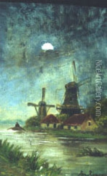 Moonlit Windmills With Rower On A Canal Oil Painting - Jan Kuypers
