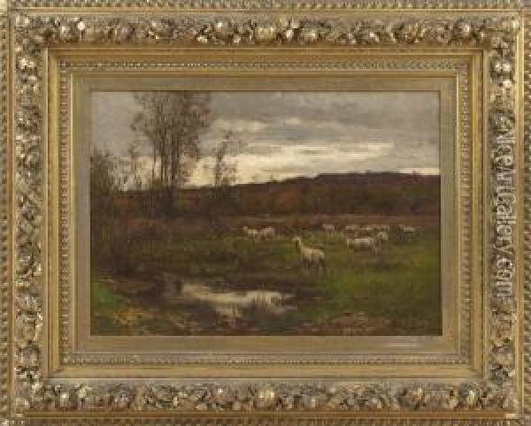 Autumnal Landscape With Sheep At Dusk Oil Painting - John Carleton Wiggins
