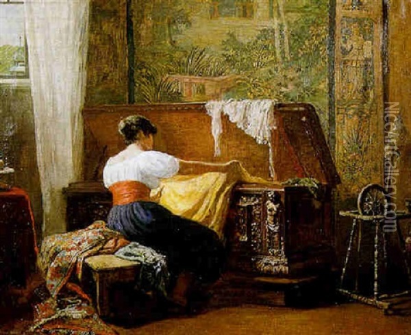 A Seamstress Seated At A Cassone Examining Cloth Oil Painting - Hugo Charlemont