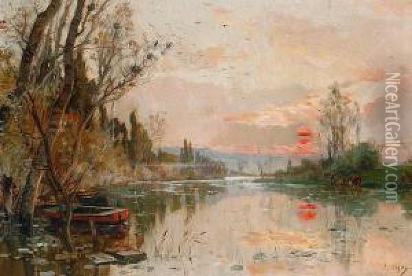 A River Landscape At Sunset Oil Painting - Alexandre Nozal
