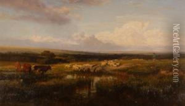 Extensive Farm Landscape With Cattle Oil Painting - Henry William Banks Davis, R.A.