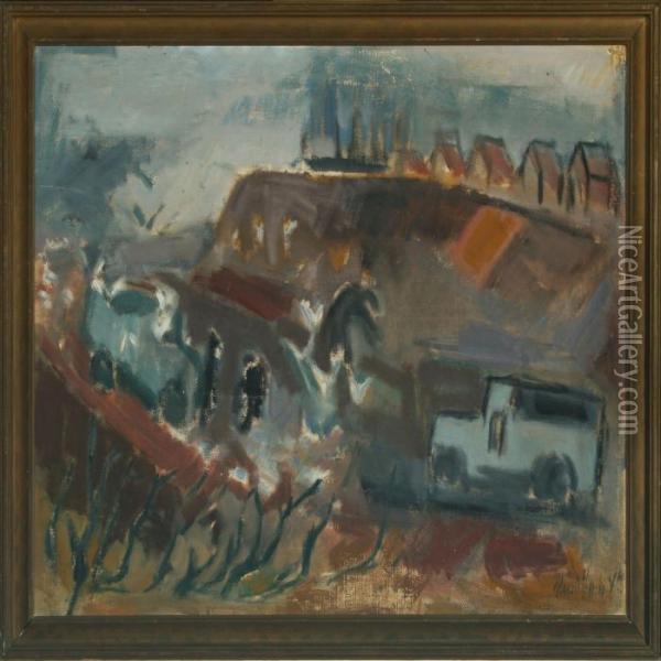 Landscape With Cars And Houses Oil Painting - Niels Hansen