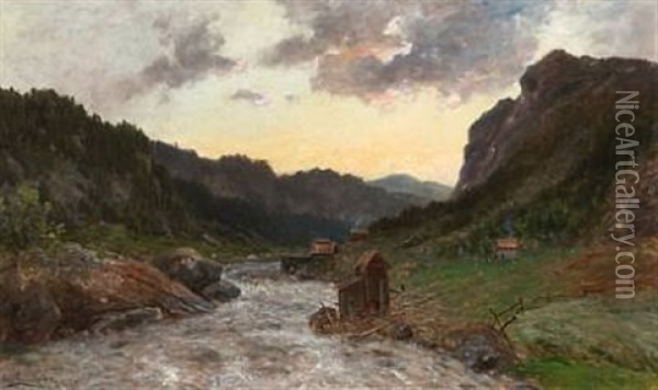 Landskap Med Foss Oil Painting - Morten Mueller