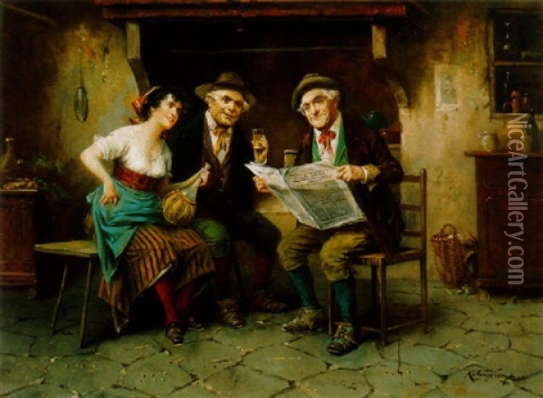 Uldogelok (trattoriaban) [sitting, In A Trattoria] Oil Painting - Lajos Koloszvary