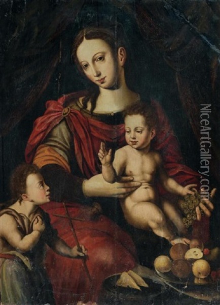 La Vierge A L'enfant Et Saint Jean-baptiste Avec Du Raisin Oil Painting - Cornelis van Cleve