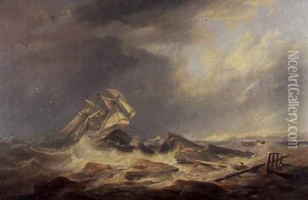 A Schooner Driven Towards Rocks Oil Painting - James Wilson Carmichael