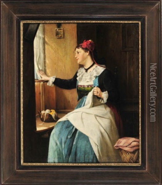 Eine Junge Frau In Tracht Halt Bei Ihrer Stickarbeit Inne Und Blickt Aus Dem Fenster Oil Painting - August Mueller