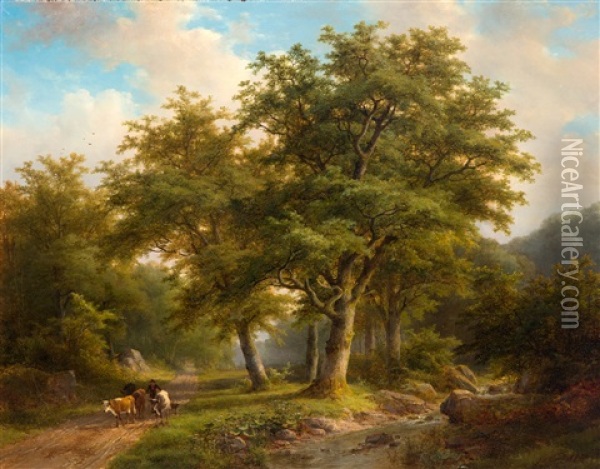 Koeherder Op Landweg Aan De Bosrand Oil Painting - Johann Bernard Klombeck