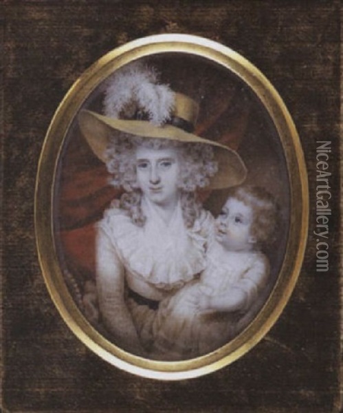 Lady Lucy Digby And Child, Seated On A Chaise-longue: Lucy Wearing Yellow Hat And White Dress, Her Child Wearing White Dress With Lace Trim Oil Painting - Peter Paillou