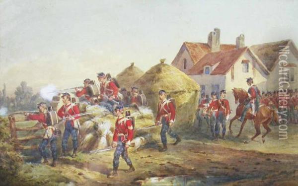 Scots Infantry Firing From Cover Near A Farmhouse With Mounted Officer To The Rear Oil Painting - Orlando Norie