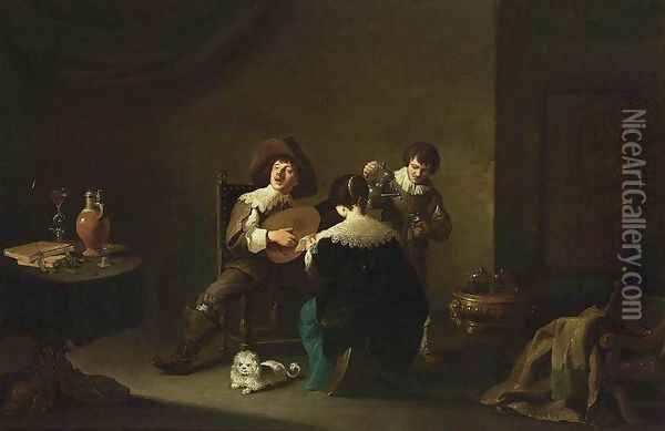 Interior with a Gentleman Playing a Lute and a Lady Singing 1640-42 Oil Painting - David The Younger Teniers