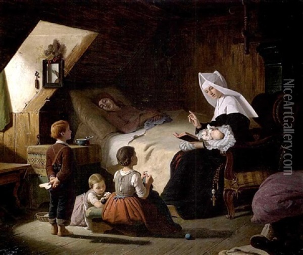 Kinder Und Eine Nonne Bei Der Kranken Mutter In Der Stube Oil Painting - Max Kaltenmoser