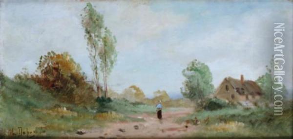 Fermiere Nourrissant Ses Poules A Geneviller-sur-seine Oil Painting - Eugene Galien-Laloue