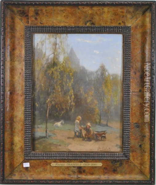 Paysage Avec Enfants Et Chevre Oil Painting - Florent Nicolas Crabeels