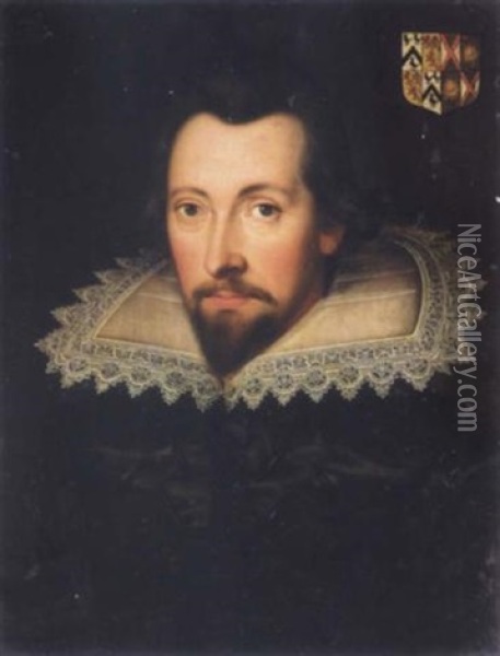 Portrait Of Christopher Cresacre More Wearing A Black Doublet And A White Lace Ruff Oil Painting - Daniel Mytens the Elder
