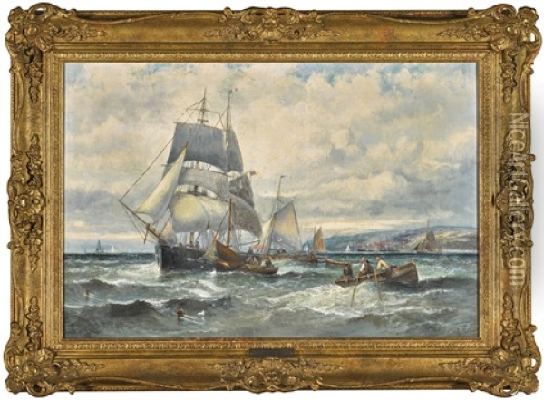 Shipping Off A Coastal Town Oil Painting - William (Anslow) Thornley