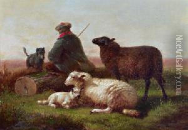 Schafhirte Mit Seinem Hund Und Seinen Schafen Oil Painting - Joseph Van Dieghem