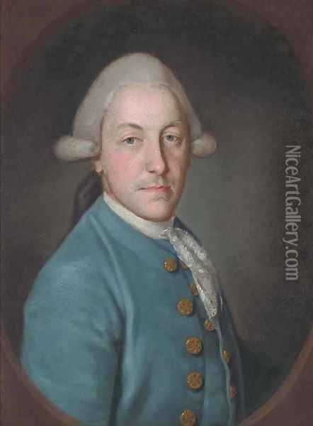 Portrait of a gentleman, bust-length, in a blue coat and lace cravat Oil Painting - Francis Cotes